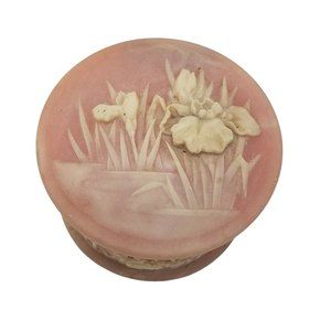 VTG Incolay Stone Pink Trinket Jewelry Box Raised Flowers Hinged  5" Round USA